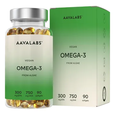 Immagine prodotto di Olio di alghe vegano Omega-3 di Aavalabs | 750 mg di DHA e 300 mg di EPA | 90 capsule molli