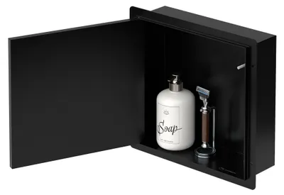 Produktbild von LuxeBath Wandnische Dusche Edelstahl mit befliesbarer Tür 25,5x25,5x10 cm Schwarz Duschnische wasserdicht, Einbaunische randlos Duschablage Duschregal
