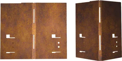 Two views of a corner piece for a garden bed edge made of Corten steel.