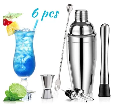Produktbild von Cocktail-Set, Cocktail-Shaker, Shaker-Set, 6-tlg Silber Edelstahl gebürstet Bar Cocktail-Shaker Set Barkeeper Kit Bar Zubehör,