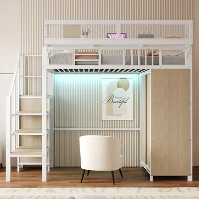 Obrázek produktu pro okwish vyvýšená postel 90×200, dětská postel se šatní skříní s posuvnými dveřmi, jednolůžková postel pro mládež s LED osvětlením a policemi, bílá (bez matrace)