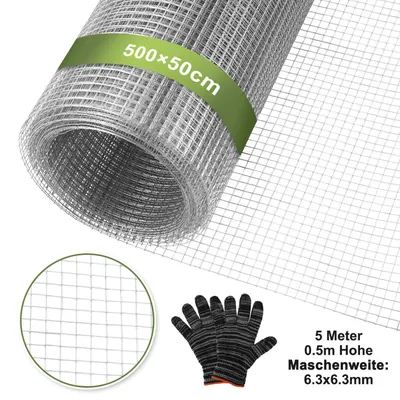Produktbild von Faziango Drahtgitter Verzinkt 6,3 mm Maschenweite 0.5 m Höhe x 5 m Länge Volierendraht Hasendraft Gitterrolle Zaun Drahtzaun Maschendraht Gartenzaun für Garten Voliere (inkl. Handschuhe)