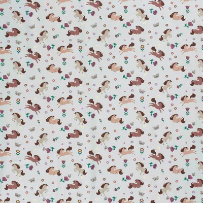 Jersey Kinderstoff Pferdchen Kindermotiv ab 0,5x1,5m Baumwoll-Stoff Jerseystoff Oeko-Tex hellgrau