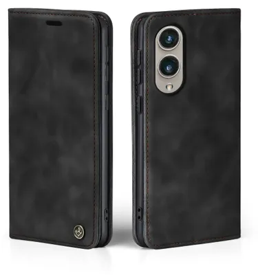 A black flip case for a smartphone is shown from two angles.