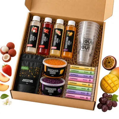 Produktbild von BubbleJoy Bubble Tea Set DIY Box Fruchtig Medium 4x Fruchtsirup, Jasmintee, 2x Popping Boba, 8x Becher & Strohhalme Box zum Selbermachen von Bubble Te