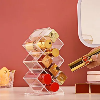 Zdjęcie produktu dla Uniqoos® Obrotowy organizer do kosmetyków o zakresie obrotu 360° – przezroczysty, oszczędzający miejsce, 7 regulowanych półek, średnica 23 cm × wysokość 34 cm, z pojemnikiem na szminki (10 przegródek) do łazienki i sypialni