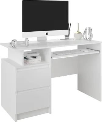 Image de Happy Babies Table d'ordinateur Blanc 114x77 cm Bureau moderne Table d'ordinateur avec tablette clavier et tiroirs Stable Table de bureau à domicile