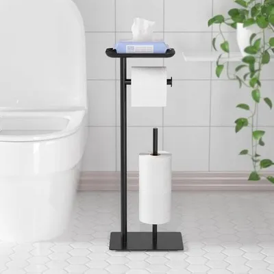 Produktbild von Freistehender Toilettenpapierhalter – Schwarz – Inklusive Ablage – 1 Stück