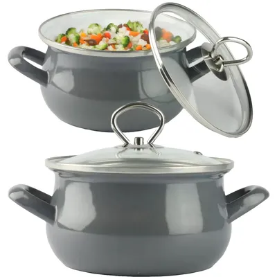 Two views of a gray enamel pot with a glass lid, one with the lid open showing vegetables inside.