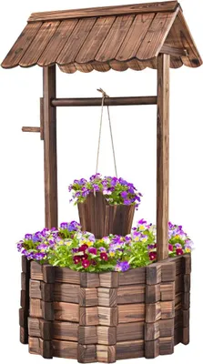 Produktbild von Holzbrunnen mit Dach, Dekobrunnen aus Tannenholz, 115 x 60 x 76 cm, Wunschbrunnen, Gartenbrunnen mit Höhenverstellbarem Eimer, Garten Dekoration