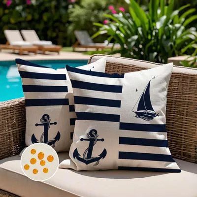 Produktbild von Outdoor-Kissenbezug 40x40 cm, wetterfest, blau, mit Anker- und Segelbootmotiv, Sommerkissenbezug, dekorative Kissenbezüge für Sofa, Wohnzimmer, Gartendekoration, 2er-Set