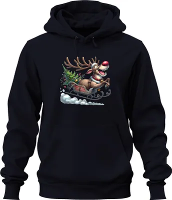 Produktbild von Rudolph Rentier Schlitten Weihnachtsbaum Glöckchen Cartoon Lustig Uni Hoodie Kapuzenpullover, Navy, S
