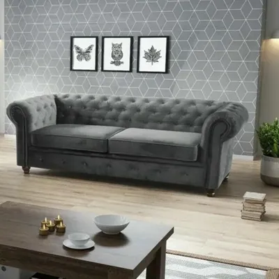 Produktbild von Easy4You Chesterfield Grau Plüsch Velvet 3-Sitzer Sofa 225x74x88 cm Sofas für Wohnzimmer Sofagarnituren mit Holzfüße Set Sofas & Couches