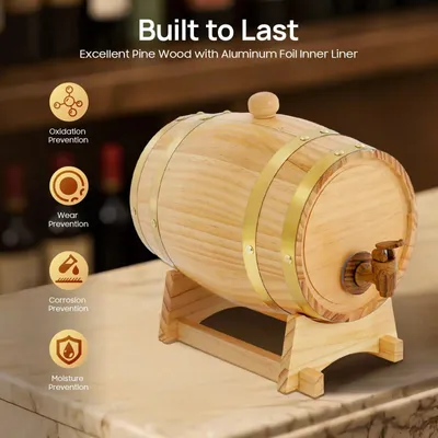 Immagine prodotto di Botti per vino da 3/5 litri con supporto, botti in legno con rubinetto per whisky e vino, decorazioni per casa e hotel, stile vintage