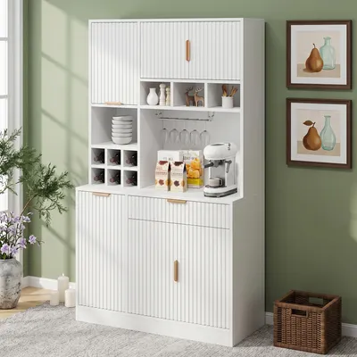 Produktbild von Flieks Hochschrank mit Weinglasablage, mehrstufigem Stauraum, Küchenbuffet mit Steckdose, Sideboard 100x40x175cm, Weiß