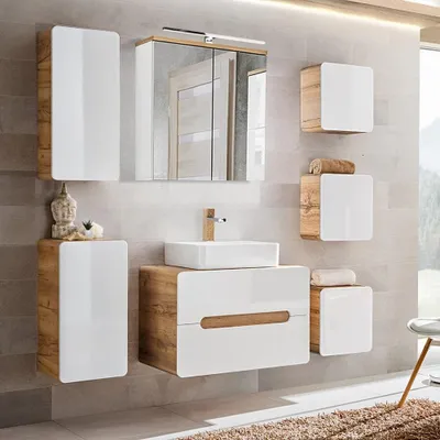Produktbild von Badezimmer Möbelset Hochglanz weiß, Wotan Eiche Nb. LUTON-56 Keramikbecken & LED-Spiegelschrank B/H/T ca. 180/200/46 cm