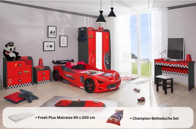 Produktbild von Kinderzimmer komplett Set Autobett Rio 5 teilig Rot , Sportsitze:ohne Sportsitze, Matratze:Creativ Fresh Plus H2, Bettwäsche:mit Bettwäsche, Wandregal:ohne Wandregal