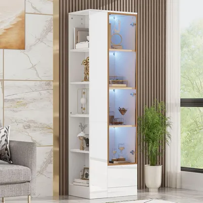Produktbild von Merax Glasvitrine Sideboard, Vitrine mit Glastür und LED-Beleuchtung, Hochglanz Schrank mit Schublade und offenen Regalen, Stauraumschrank, Weiß
