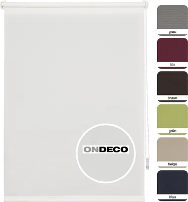 A white roller blind is shown against a white background, with a circular logo on the blind and a column of color swatches with labels on the right side.