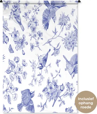 Produktbild von MuchoWow® Wandteppich Wandbehang Blumen - Vögel - Blau 120x180 cm Tapisserie Dekoration Wandtuch - Schlafzimmer - Dekorationen für das Haus