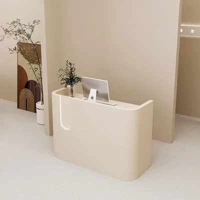 Produktbild von Empfangstresen, Kleine Gewerbetheke, Kassentheke, Empfangstisch, LED-Beleuchtung, Ladenmöbel, Frontdesk, Modernes Design Beige 220×60×100cm