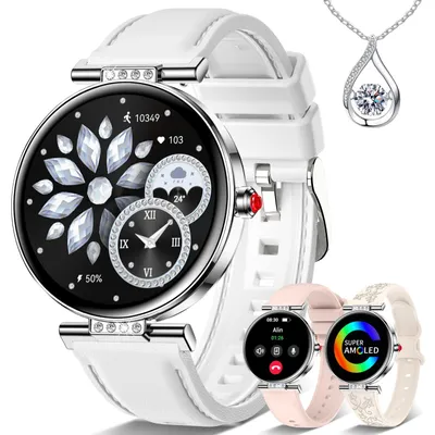 Produktbild von Smartwatch Damen Rund 3 Armbänder HD AMOLED Kunstlederstruktur-Oberfläche Weißes Silikon