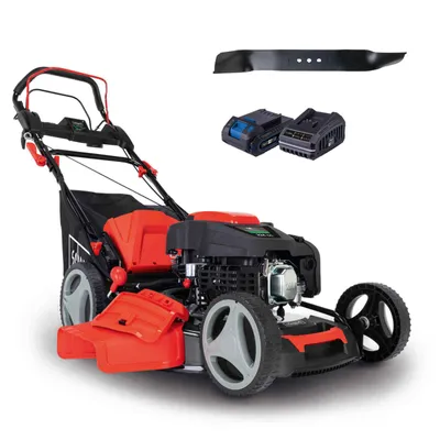 Produktbild von Scheppach Benzin Rasenmäher MS225-53E - E-Start | Radantrieb | 6PS | 53cm Schnittbreite | 65L Fangkorb | inkl. Ersatzmesser +2Ah Akku +2,4A Ladegerät