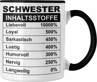 Produktbild von Trendation - Tasse für Schwester Geschenk Spruch Sprüche Geschenkidee Beste Schwester Inhalsstoffe Geburtstag (Schwarz)
