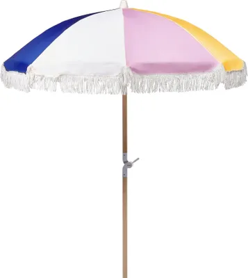 Produktbild von BELIANI Parasol ogrodowy wielokolorowy drewniany ⌀ 150 cm składany regulowany kąt nachylenia z pokrowcem retro do ogrodu