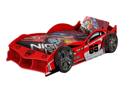 Produktbild von VIPACK - MAX Autobett 90x200 cm, inkl. Lattenrost, Ausf. MDF glänzend rot lackiert mit Racing Motiven