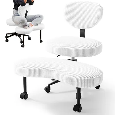 Zdjęcie produktu dla Ergonomiczne krzesło biurowe - z podnóżkami - z obrotowym oparciem - z regulacją wysokości - tapicerowane - na kółkach - obicie z białej tkaniny corduroy