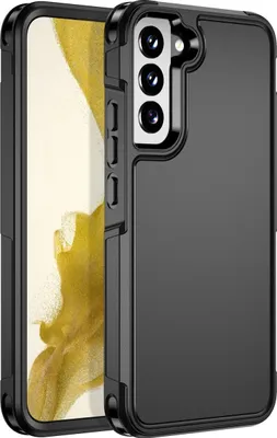 A black phone case is shown from a diagonal angle, with the phone inside the case visible on the left.