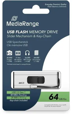 Obrázek produktu pro MediaRange MR917, 64 GB, USB Typ-A, 3.2 Gen 1 (3.1 Gen 1), 80 MB/s, Kluzné, Černá, Stříbrná