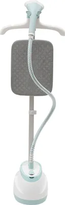 A standing garment steamer with a hanger and a small ironing board, shown against a white background.