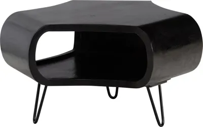 Image de WOHNLING Table basse 60x60x35 cm Bois de manguier massif Métal Noir Table basse Table de salon Organique avec espace de rangement Table basse Massive Petite table