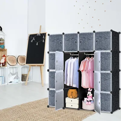 Produktbild von YZNAHRE Kleiderschrank 140 cm Breit Garderobenschrank Steckregalsystem mit 16 Würfel DIY Kleiderschränke Kunststoffschrank mit Tür Standregal Regalsystem Schrank, Schwarz