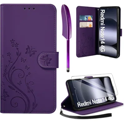 Immagine prodotto di Custodia a libro con pellicola protettiva per Xiaomi Redmi Note 14 4G, color viola scuro, effetto pelle