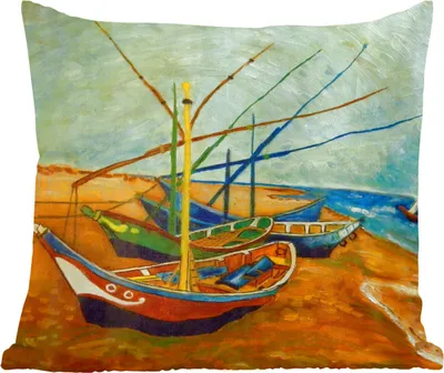 Produktbild von MuchoWow® Zierkissen Sofakissen Wohnzimmer Dekokissen 60x60 cm Fischerboote am Strand - Vincent van Gogh - Sitzfläche - Foto Polster