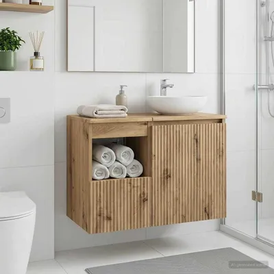 Image de Armoire de salle de bain exclusive - Bois stratifié, chêne artisanal, dimensions : 30 x 44,5 x 50 cm