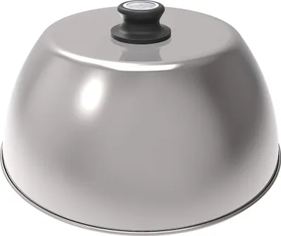 A stainless steel grill lid with a black handle and thermometer.