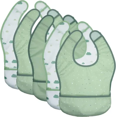 A set of baby bibs arranged in a diagonal line against a white background.