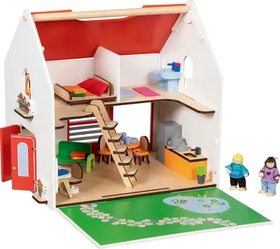 Poppenhuis aus Holz, 54-teilig, mit Möbeln und Figuren, ca. 30,5 cm