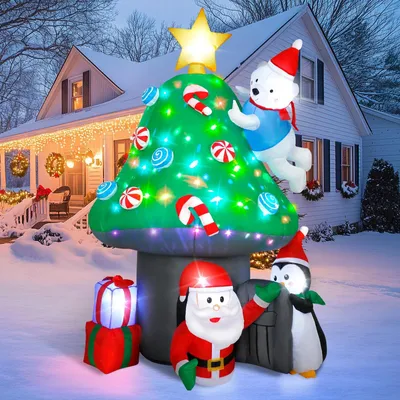 Produktbild von Omgoods – 2,1 Meter großer aufblasbarer Weihnachtsdekor mit Weihnachtsmann und Pinguin