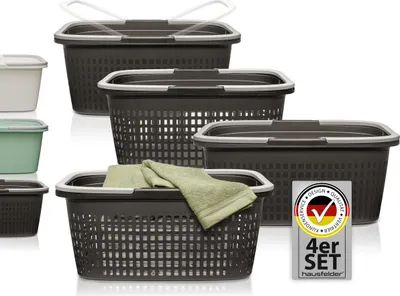 Produktbild von Wäschekörbe 4er Set, 2 x Wäschekörbe + 2 x Wäschewannen Anthrazit, 35 l
