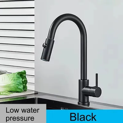 Immagine prodotto di Miscelatore per cucina - Miscelatore a bassa pressione - Ugello girevole a 360° con due getti - Doccetta estraibile - Montaggio su un foro - Acciaio inossidabile - Nero DY A
