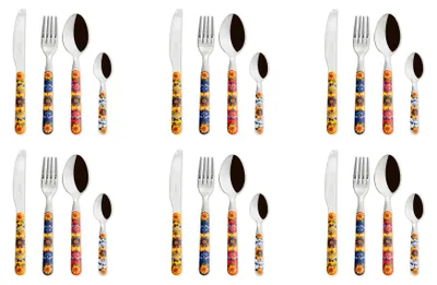 A set of cutlery with floral patterns on the handles, arranged in a grid.