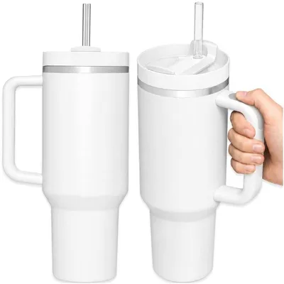 Obrázek produktu pro Termohrnek 1,2 litru z nerezové oceli s brčkem, víkem a madlem, bílý, vhodný pro kávu, čaj a cestování