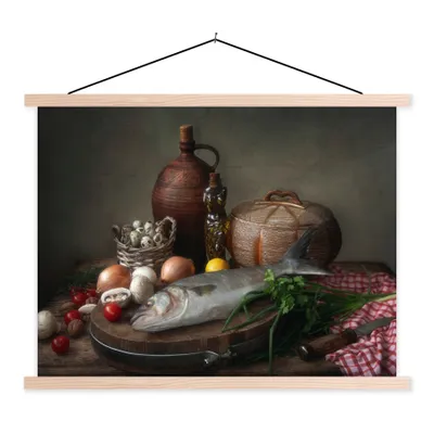 Produktbild von MuchoWow® Textilposter Rustikal - Fisch - Stilleben - Gemüse - Kräuter 60x45 cm mit holzfarbenen Rahmen - Bild