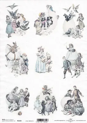 Zdjęcie produktu dla Papier ryżowy do decoupage A4 ITD-R2163 dzieci, zabawa, Wielkanoc, ptaki, zające