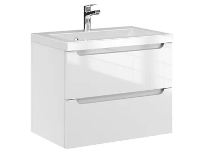 Produktbild von Furni Badunterschrank 60 cm Weiß Hochglanz lackiert – Vormontierter Waschbeckenunterschrank mit Griffmulde, Hängend, 2 Schubladen